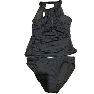 🆕 New Womens Rouched Front Halter Tankini Swimsuit black mesh detail SZ Large